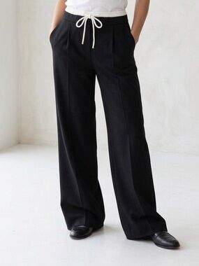 Zara Sz S Black White Satin Drawstring Waist Wide Leg Pants